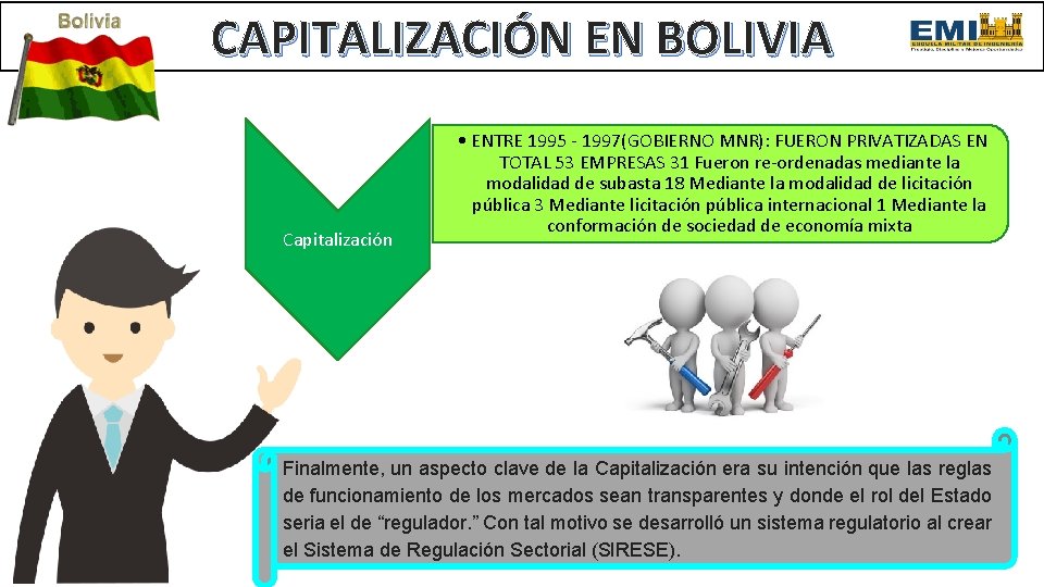 CAPITALIZACIÓN EN BOLIVIA Capitalización • ENTRE 1995 - 1997(GOBIERNO MNR): FUERON PRIVATIZADAS EN TOTAL