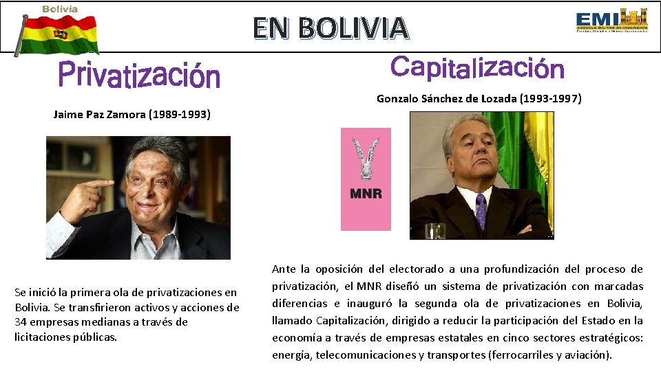 EN BOLIVIA Gonzalo Sánchez de Lozada (1993 -1997) Jaime Paz Zamora (1989 -1993) Se