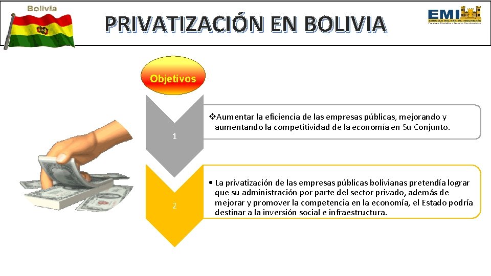 PRIVATIZACIÓN EN BOLIVIA Objetivos 1 2 Aumentar la eficiencia de las empresas públicas, mejorando