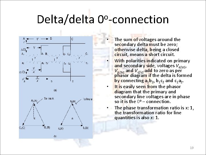 Delta/delta 0 o-connection • • The sum of voltages around the secondary delta must