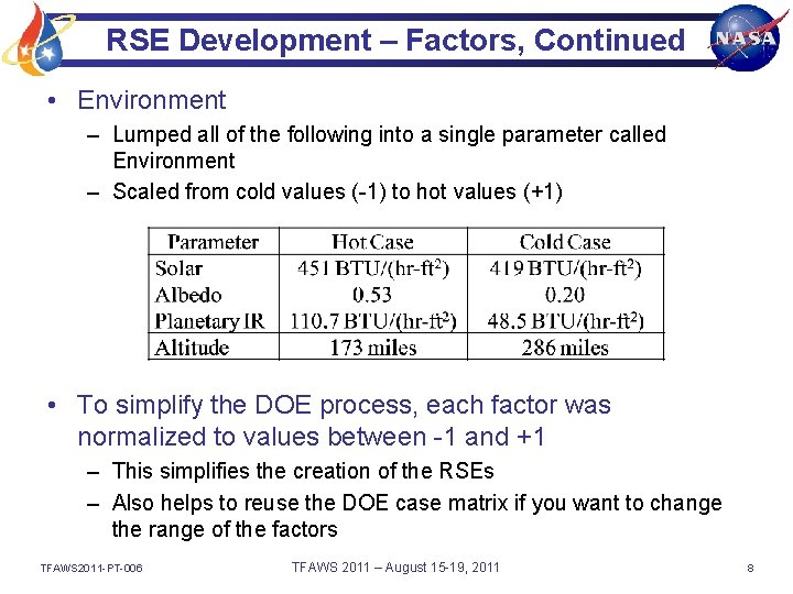 RSE Development – Factors, Continued • Environment – Lumped all of the following into