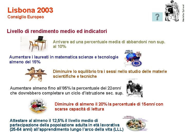Mariella Spinosi Lisbona 2003 Consiglio Europeo Livello di rendimento medio ed indicatori Arrivare ad