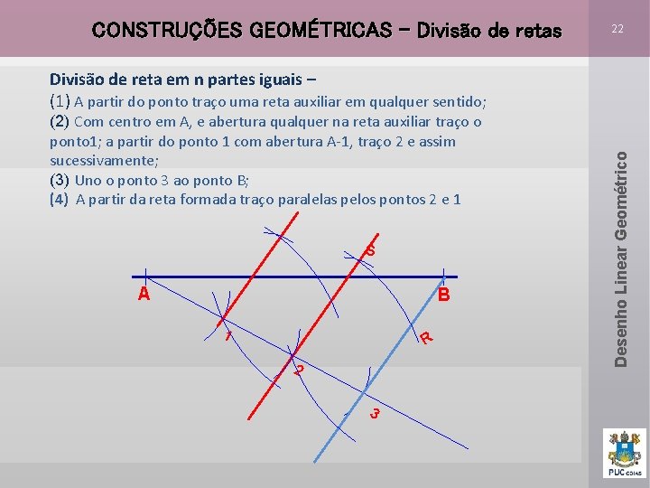 CONSTRUÇÕES GEOMÉTRICAS – Divisão de retas 22 (2) Com centro em A, e abertura