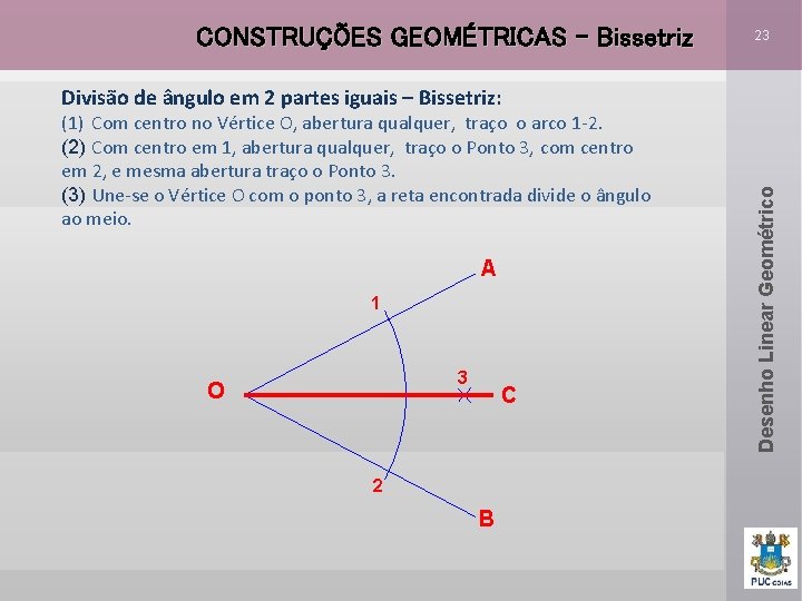 CONSTRUÇÕES GEOMÉTRICAS – Bissetriz 23 (1) Com centro no Vértice O, abertura qualquer, traço