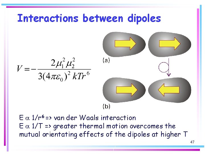 Interactions between dipoles E a 1/r 6 => van der Waals interaction E a