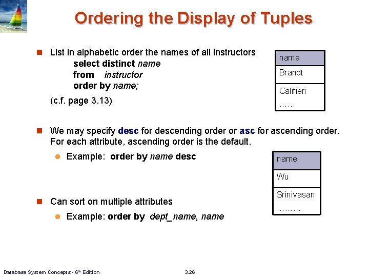 Ordering the Display of Tuples n List in alphabetic order the names of all