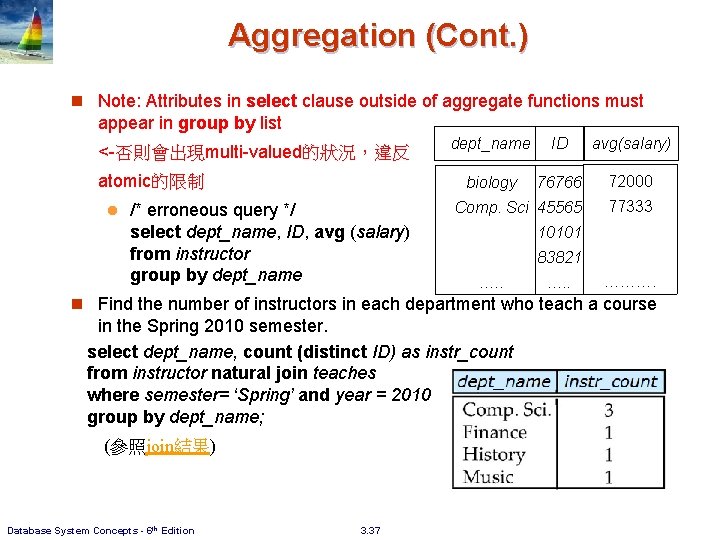 Aggregation (Cont. ) n Note: Attributes in select clause outside of aggregate functions must