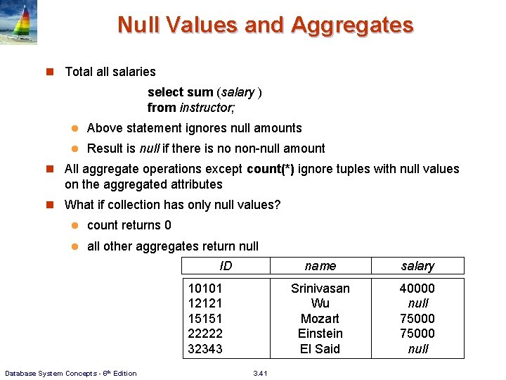 Null Values and Aggregates n Total all salaries select sum (salary ) from instructor;
