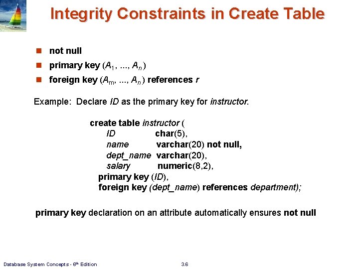 Integrity Constraints in Create Table n not null n primary key (A 1, .