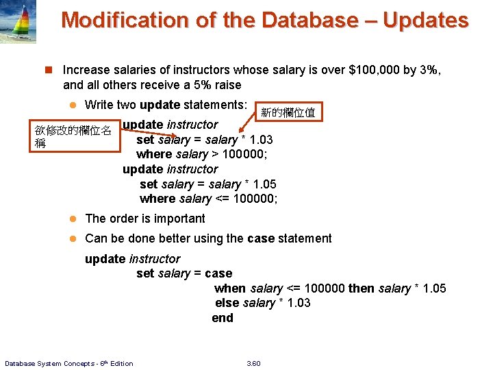 Modification of the Database – Updates n Increase salaries of instructors whose salary is