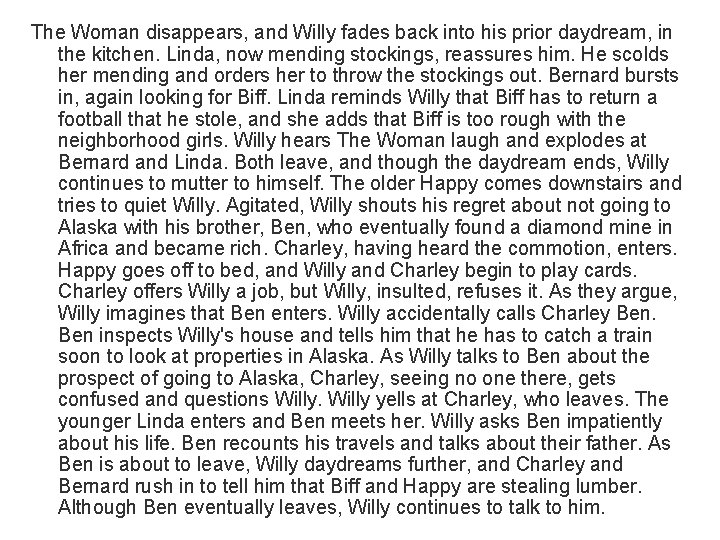 The Woman disappears, and Willy fades back into his prior daydream, in the kitchen.