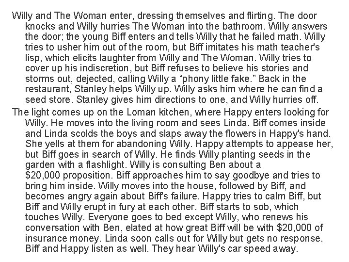Willy and The Woman enter, dressing themselves and flirting. The door knocks and Willy