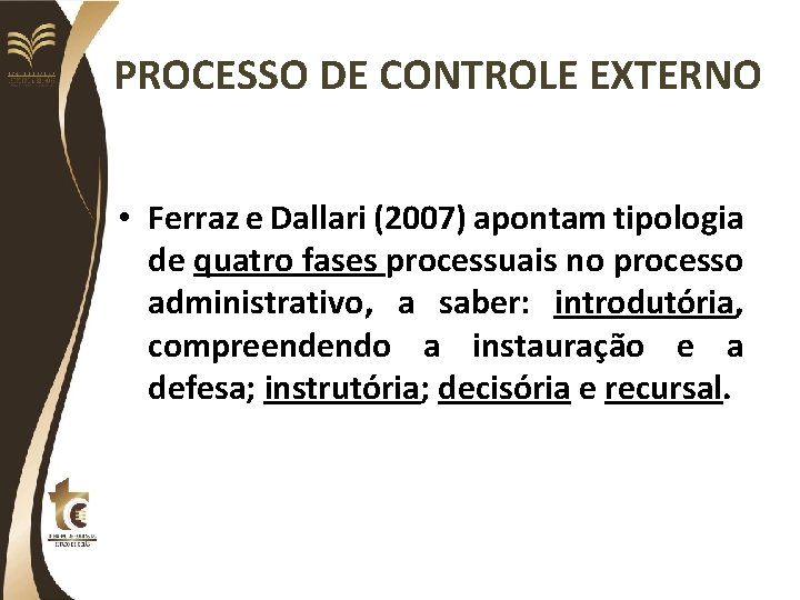 PROCESSO DE CONTROLE EXTERNO • Ferraz e Dallari (2007) apontam tipologia de quatro fases
