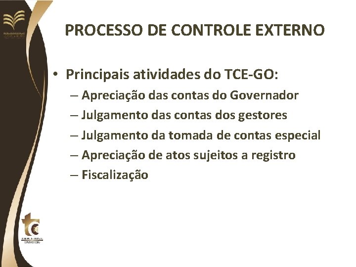 PROCESSO DE CONTROLE EXTERNO • Principais atividades do TCE-GO: – Apreciação das contas do