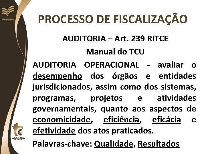 PROCESSO DE FISCALIZAÇÃO AUDITORIA – Art. 239 RITCE Manual do TCU AUDITORIA OPERACIONAL -