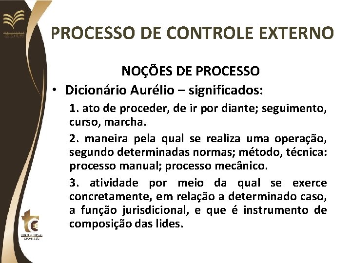PROCESSO DE CONTROLE EXTERNO NOÇÕES DE PROCESSO • Dicionário Aurélio – significados: 1. ato