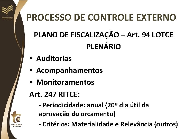 PROCESSO DE CONTROLE EXTERNO PLANO DE FISCALIZAÇÃO – Art. 94 LOTCE PLENÁRIO • Auditorias