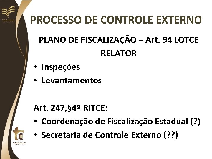 PROCESSO DE CONTROLE EXTERNO PLANO DE FISCALIZAÇÃO – Art. 94 LOTCE RELATOR • Inspeções