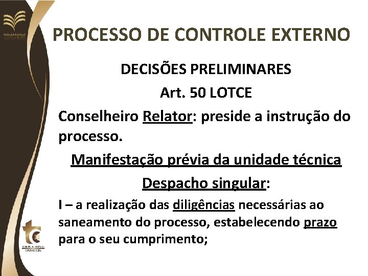 PROCESSO DE CONTROLE EXTERNO DECISÕES PRELIMINARES Art. 50 LOTCE Conselheiro Relator: preside a instrução