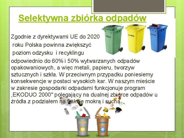 Selektywna zbiórka odpadów Zgodnie z dyrektywami UE do 2020 roku Polska powinna zwiększyć poziom