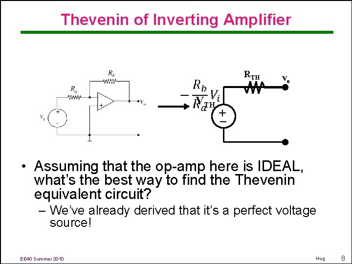 Thevenin of Inverting Amplifier RTH – + VTH vo • Assuming that the op-amp