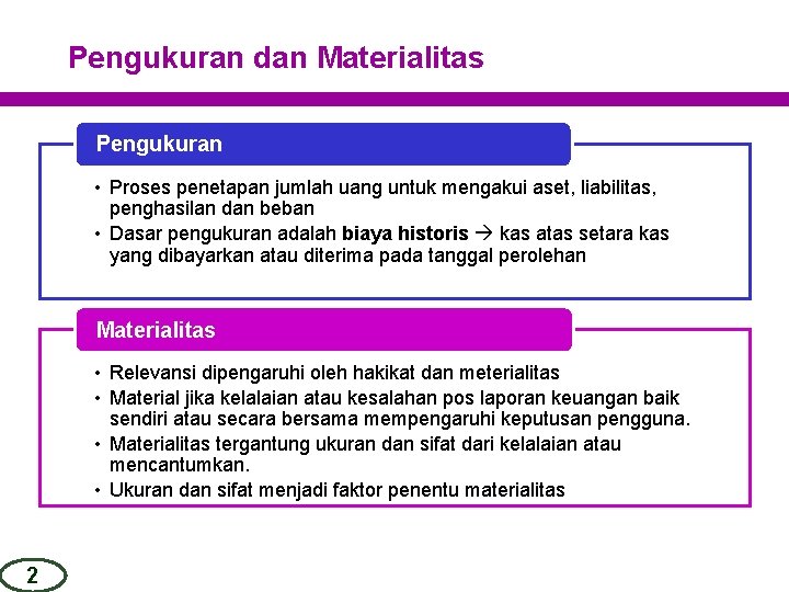 Pengukuran dan Materialitas Pengukuran • Proses penetapan jumlah uang untuk mengakui aset, liabilitas, penghasilan