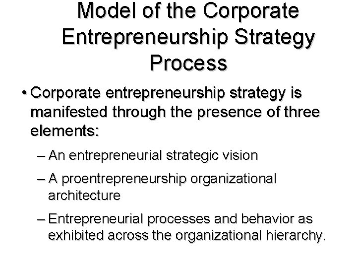 Model of the Corporate Entrepreneurship Strategy Process • Corporate entrepreneurship strategy is manifested through Model of the Corporate Entrepreneurship Strategy Process • Corporate entrepreneurship strategy is manifested through