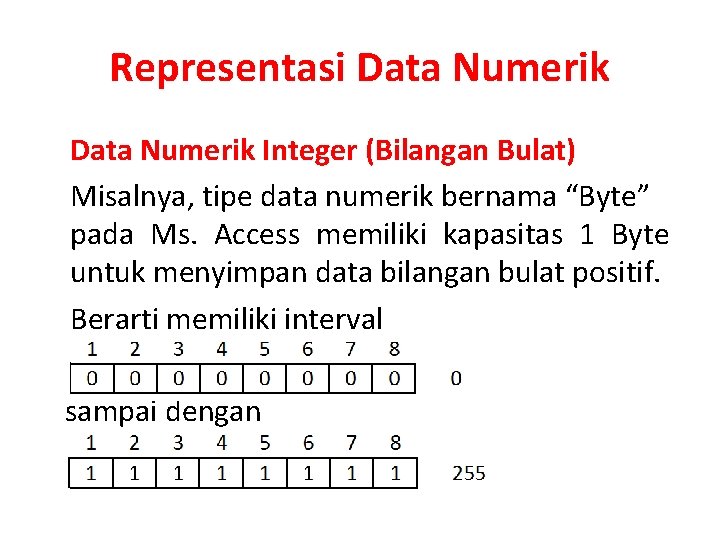 Representasi Data Numerik Integer (Bilangan Bulat) Misalnya, tipe data numerik bernama “Byte” pada Ms.