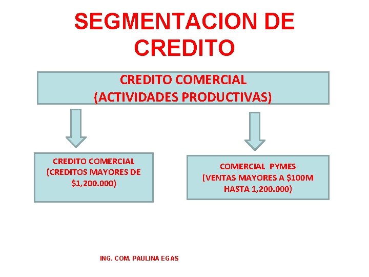 SEGMENTACION DE CREDITO COMERCIAL (ACTIVIDADES PRODUCTIVAS) CREDITO COMERCIAL (CREDITOS MAYORES DE $1, 200. 000)