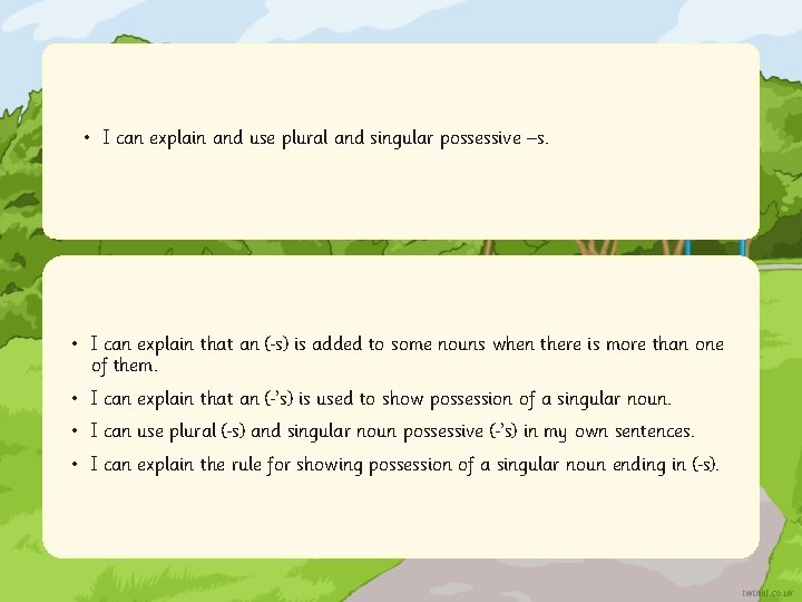  • I can explain and use plural and singular possessive –s. • I