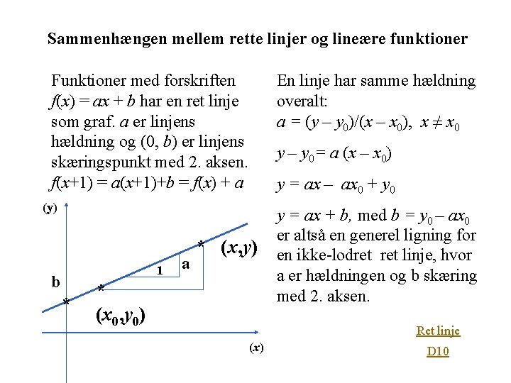 Sammenhængen mellem rette linjer og lineære funktioner Funktioner med forskriften f(x) = ax +