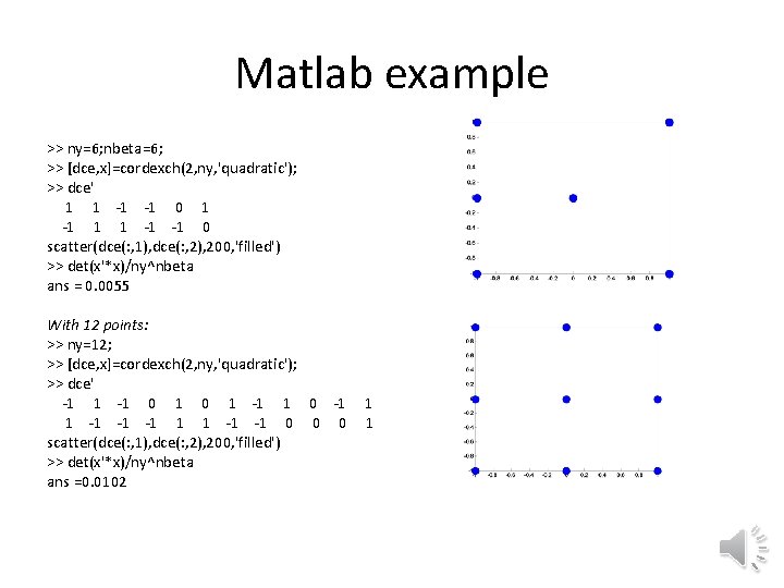 Matlab example >> ny=6; nbeta=6; >> [dce, x]=cordexch(2, ny, 'quadratic'); >> dce' 1 1
