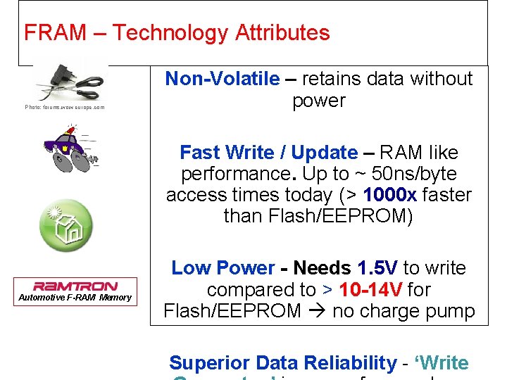 FRAM – Technology Attributes Photo: forums. wow-europe. com Non-Volatile – retains data without power