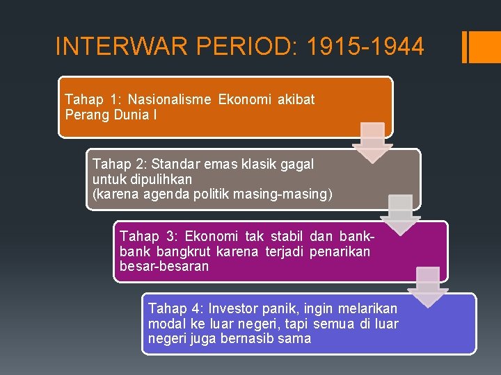 INTERWAR PERIOD: 1915 -1944 Tahap 1: Nasionalisme Ekonomi akibat Perang Dunia I Tahap 2: