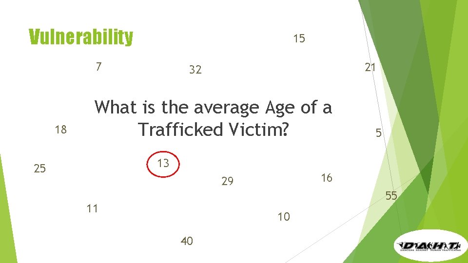 Vulnerability 15 7 18 21 32 What is the average Age of a Trafficked