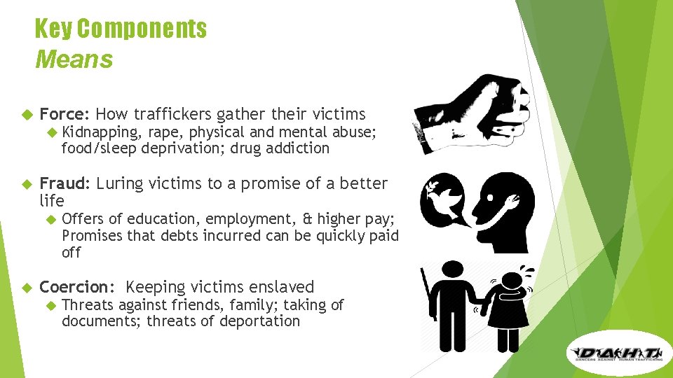 Key Components Means Force: How traffickers gather their victims Fraud: Luring victims to a