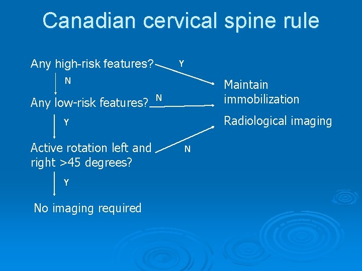 Canadian cervical spine rule Any high-risk features? Y N Any low-risk features? Maintain immobilization