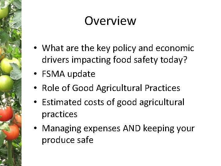 Overview • What are the key policy and economic drivers impacting food safety today?