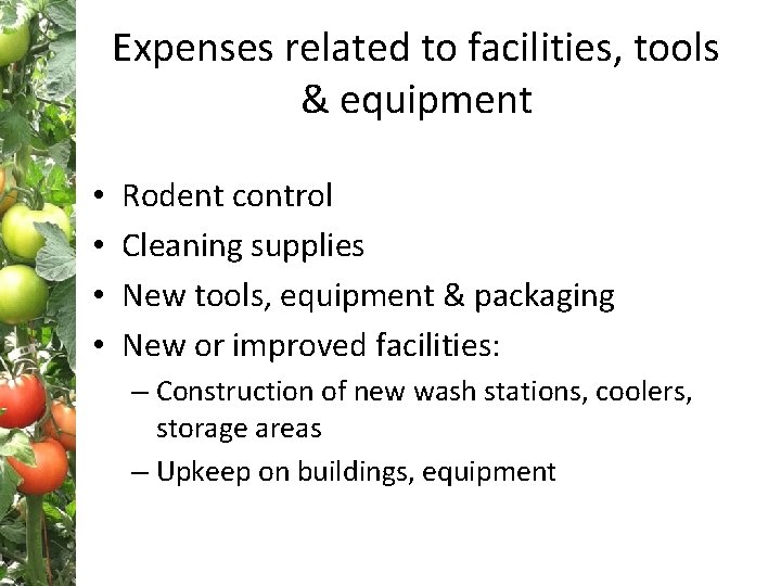 Expenses related to facilities, tools & equipment • • Rodent control Cleaning supplies New