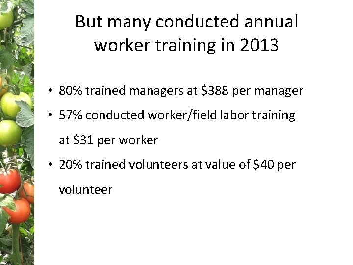 But many conducted annual worker training in 2013 • 80% trained managers at $388