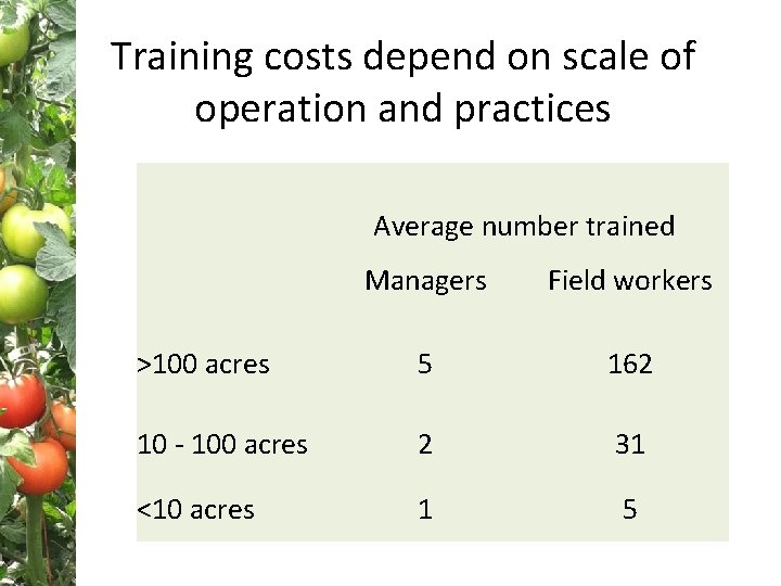 Training costs depend on scale of operation and practices Average number trained Managers Field