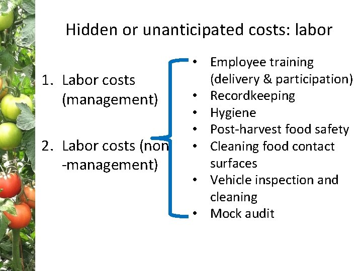 Hidden or unanticipated costs: labor 1. Labor costs (management) 2. Labor costs (non -management)