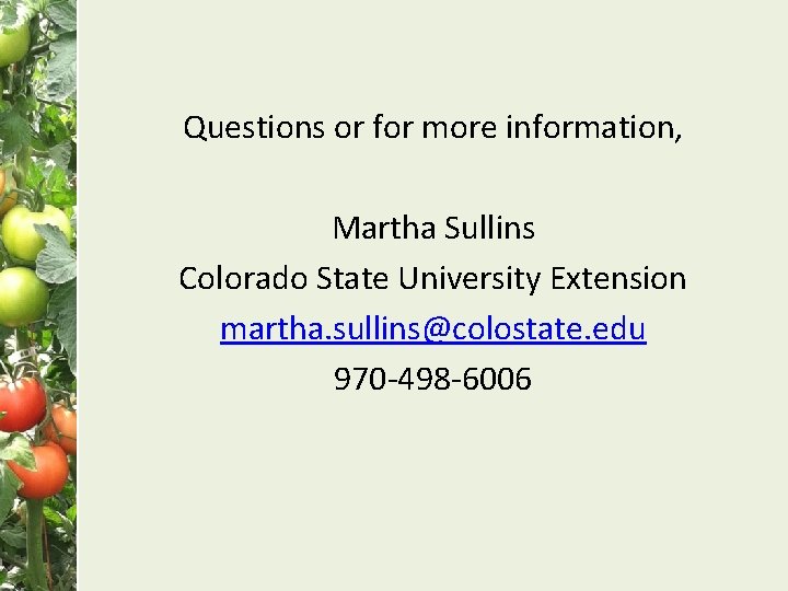 Questions or for more information, Martha Sullins Colorado State University Extension martha. sullins@colostate. edu