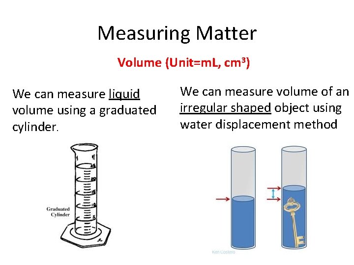 Measuring Matter Volume (Unit=m. L, cm 3) We can measure liquid volume using a