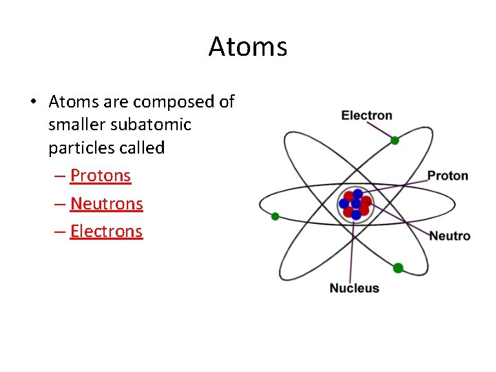 Atoms • Atoms are composed of smaller subatomic particles called – Protons – Neutrons