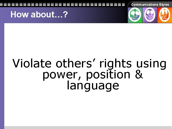 Communications Styles How about…? Violate others’ rights using power, position & language Communications Styles How about…? Violate others’ rights using power, position & language