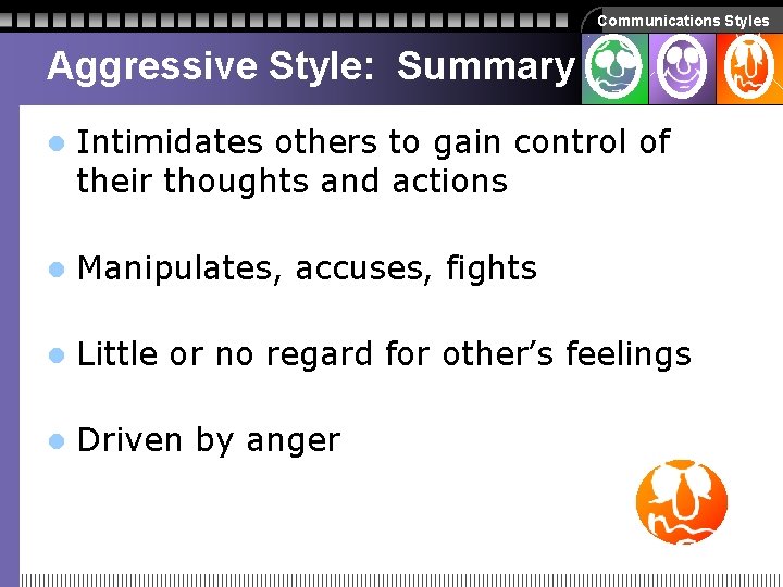 Communications Styles Aggressive Style: Summary l Intimidates others to gain control of their thoughts Communications Styles Aggressive Style: Summary l Intimidates others to gain control of their thoughts