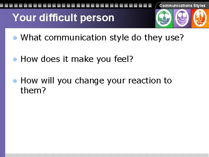 Communications Styles Your difficult person l What communication style do they use? l How Communications Styles Your difficult person l What communication style do they use? l How