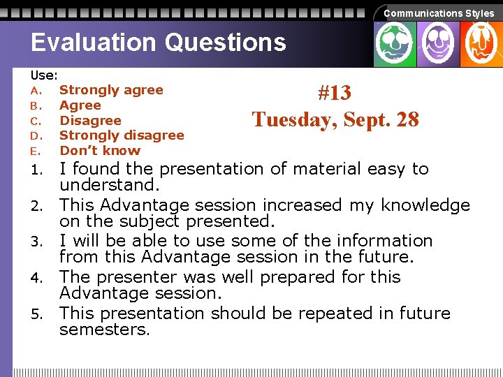 Communications Styles Evaluation Questions Use: A. B. C. D. E. 1. 2. 3. 4. Communications Styles Evaluation Questions Use: A. B. C. D. E. 1. 2. 3. 4.