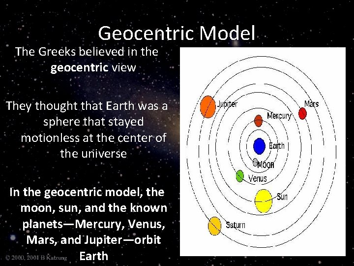 Geocentric Model The Greeks believed in the geocentric view They thought that Earth was